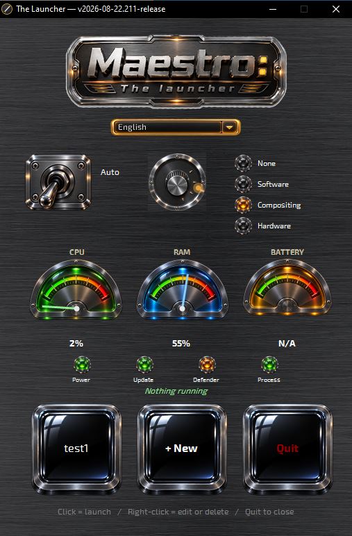 Capture d'écran de Maestro: The Launcher : profils enregistrés, jauges CPU/RAM/batterie et boutons de lancement