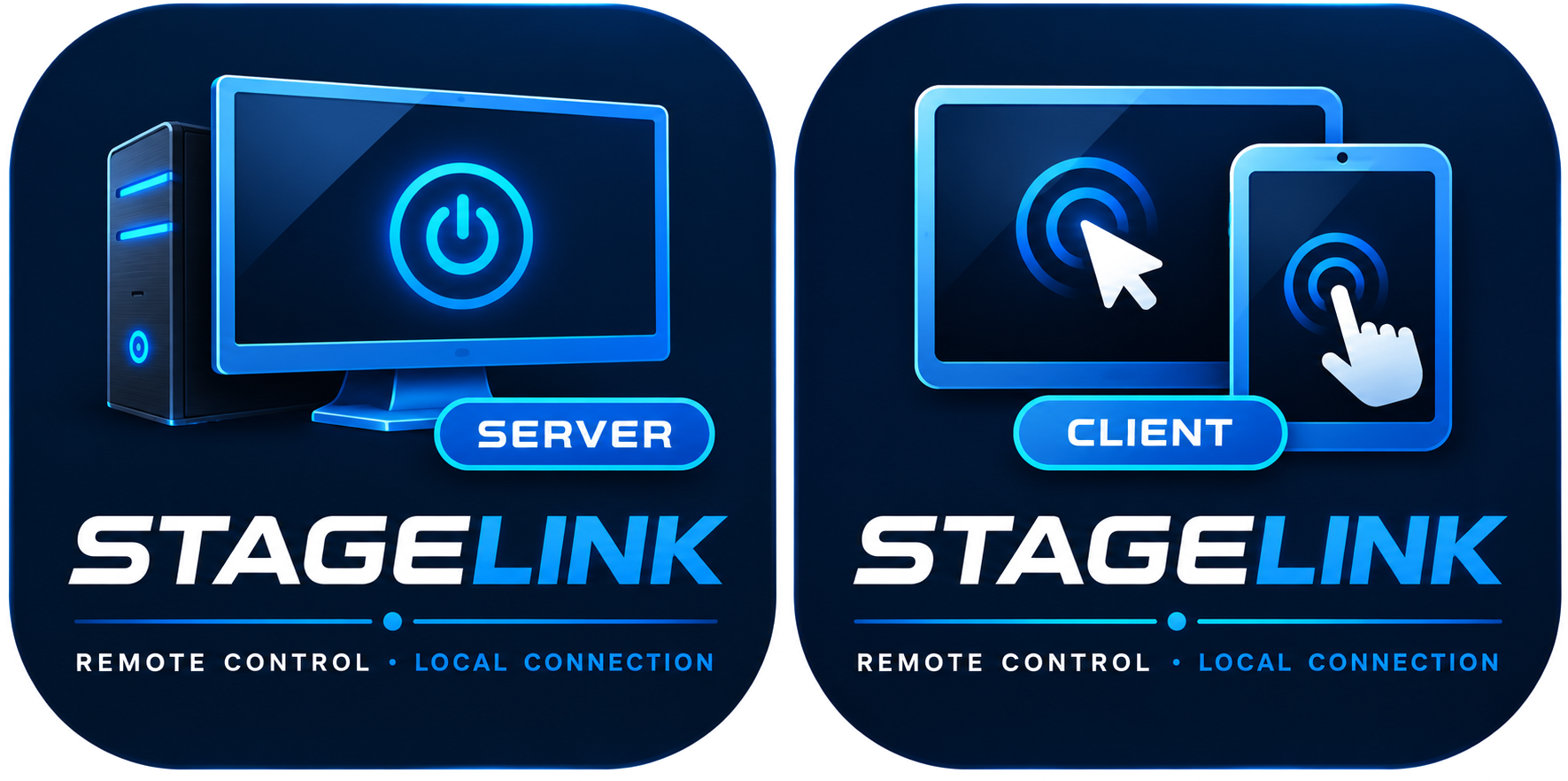 Icônes StageLink Server et Client — contrôle à distance, connexion locale